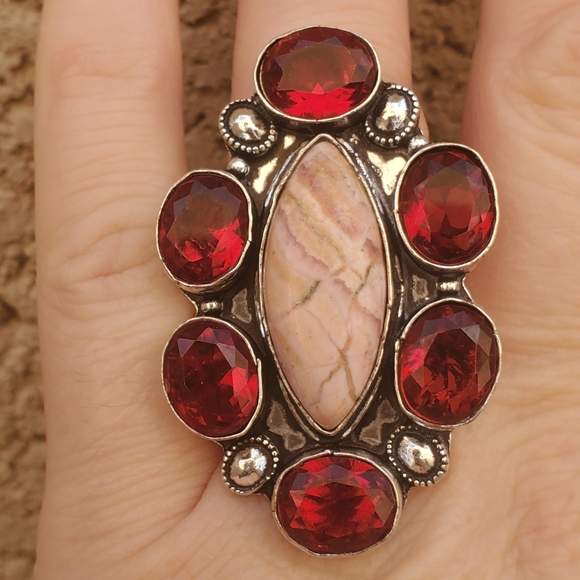 New Oversized Rhodochrosite & Garnet 925 Silver Statement Ring. - Picture 10 of 16
